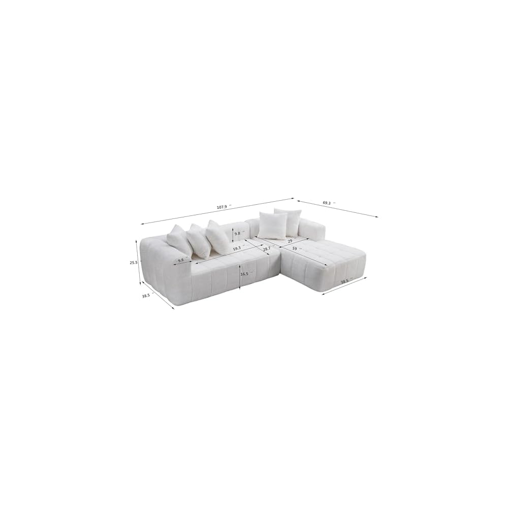 L-Shaped Sectional Cloud Sofa with Chaise Lounge,Convertible Boneless Floor Couch,Modern Comfy Upholstered Deep Seat Corner Sofa Bed Furniture for Living Room,No Assembly (White,Right-Facing Chaise)
