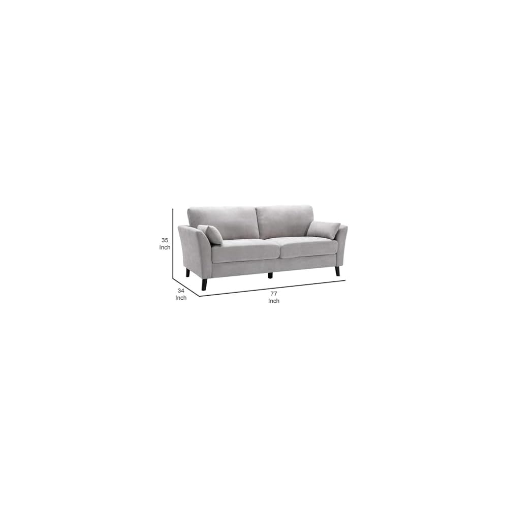 Pemberly Row 77" Sofa, Light Gray Velvet Upholstery, Pocket Coil Springs, Solid Wood Frame, Foam Padding, Dark Brown Legs, Includes 2 Accent Pillows, Transitional Style Living Room Seating, 34 x 77 x