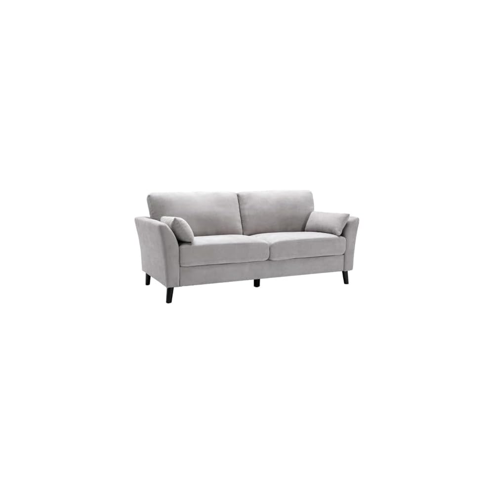Pemberly Row 77" Sofa, Light Gray Velvet Upholstery, Pocket Coil Springs, Solid Wood Frame, Foam Padding, Dark Brown Legs, Includes 2 Accent Pillows, Transitional Style Living Room Seating, 34 x 77 x