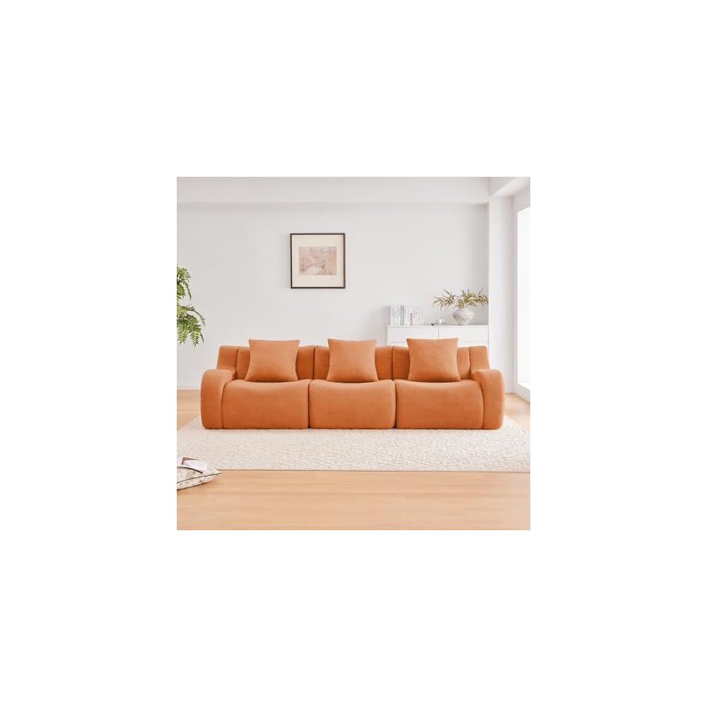 GDFStudio 115" Boneless Sofa, 3-Seat Teddy Fabric Modern Couch, 32D High-Density Sponge, Curved Armrests, Anti-Slip Design, No Assembly for Living Room, Bedroom, Orange