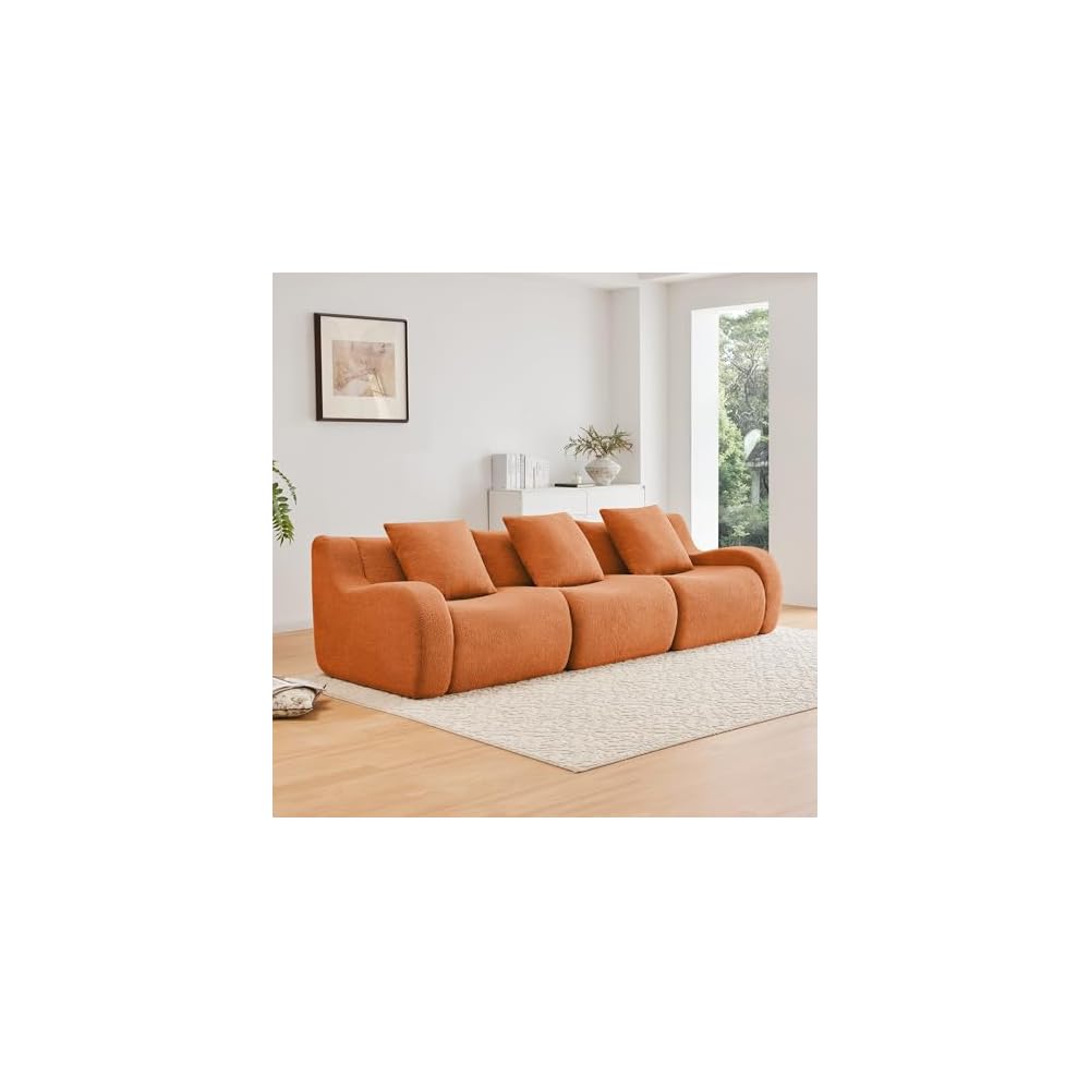 GDFStudio 115" Boneless Sofa, 3-Seat Teddy Fabric Modern Couch, 32D High-Density Sponge, Curved Armrests, Anti-Slip Design, No Assembly for Living Room, Bedroom, Orange
