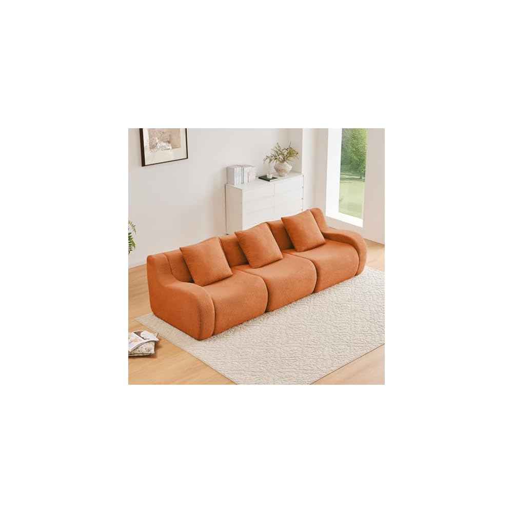 GDFStudio 115" Boneless Sofa, 3-Seat Teddy Fabric Modern Couch, 32D High-Density Sponge, Curved Armrests, Anti-Slip Design, No Assembly for Living Room, Bedroom, Orange