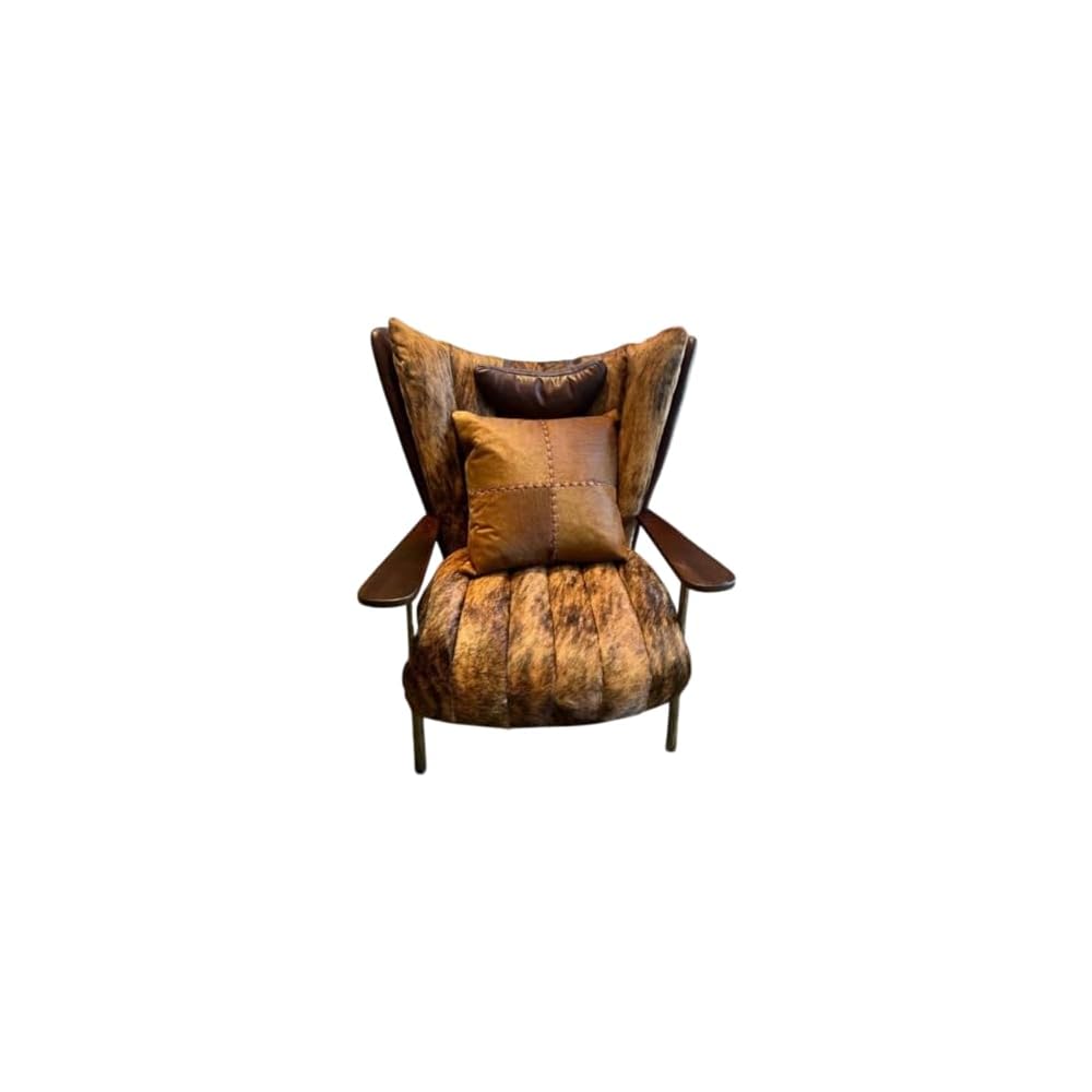 Luxury Cowhide Leather Accent Chair with Walnut Wood Armrests – Vintage Modern Lounge Chair for Living Room, Reading Nook, Office & Designer Interior Decor (Black)