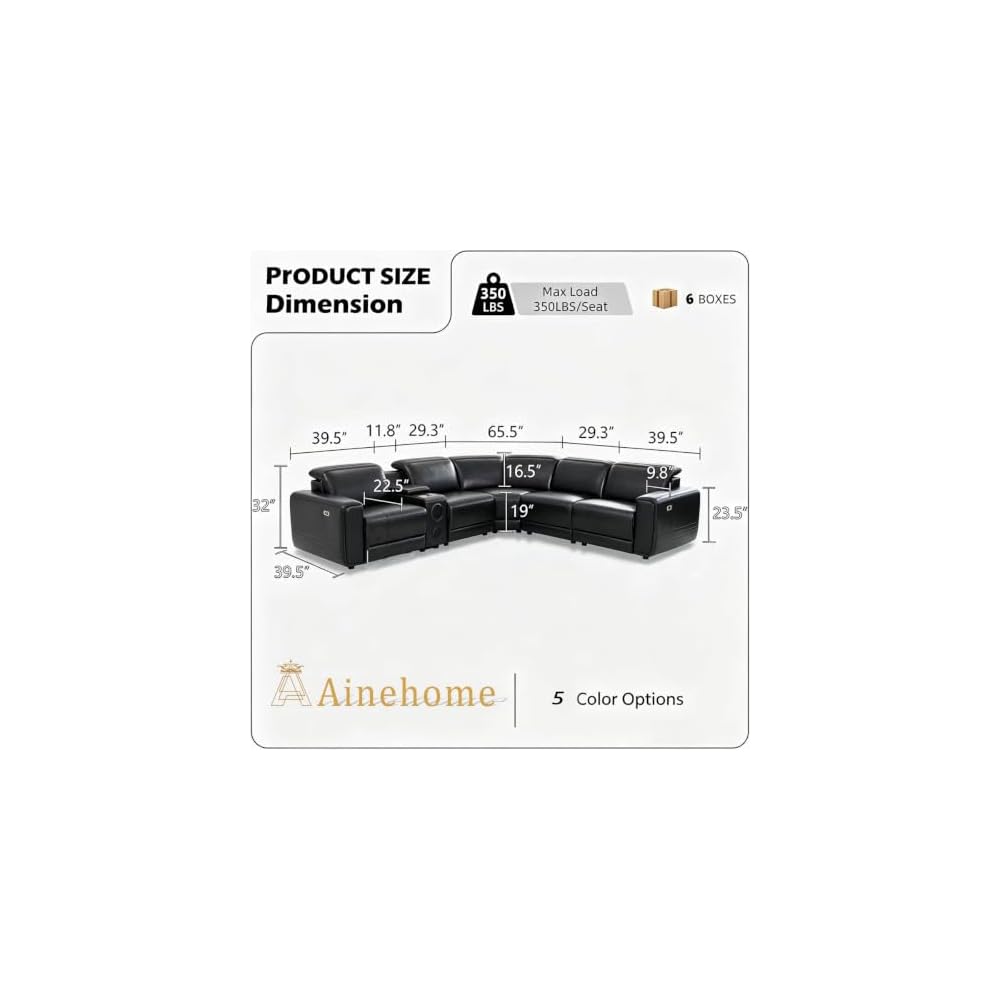 A Ainehome Power Recliner Sectional Couches for Living Room with Bass Speakers, Black Leather Sectional Reclining Corner Sofa Couch Set with Adjustable Headrest/USB Port/Cup Holder/Storage for offices
