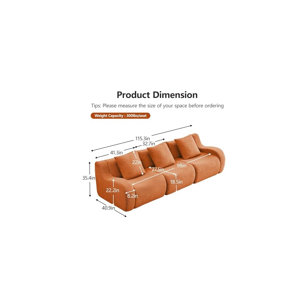 GDFStudio 115" Boneless Sofa, 3-Seat Teddy Fabric Modern Couch, 32D High-Density Sponge, Curved Armrests, Anti-Slip Design, No Assembly for Living Room, Bedroom, Orange