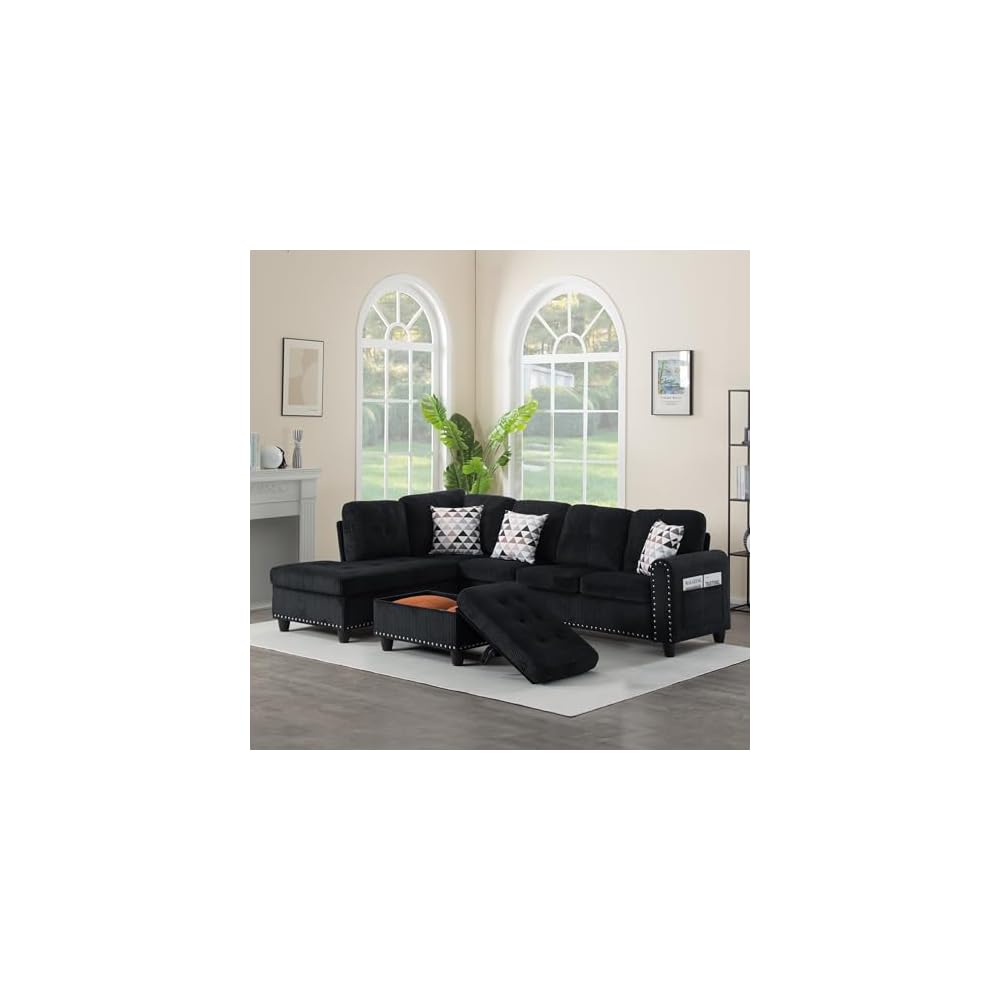 Livavege 94.5" Sectional Couches for Living Room, Modern L-Shaped Couch with Corduroy Fabric, 6 Seater Corner Modular Couch with Chaise, Storage Ottoman & 2 Cup Holders for Small Office (Black)