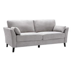 Pemberly Row 77" Sofa, Light Gray Velvet Upholstery, Pocket Coil Springs, Solid Wood Frame, Foam Padding, Dark Brown Legs, Includes 2 Accent Pillows, Transitional Style Living Room Seating, 34 x 77 x