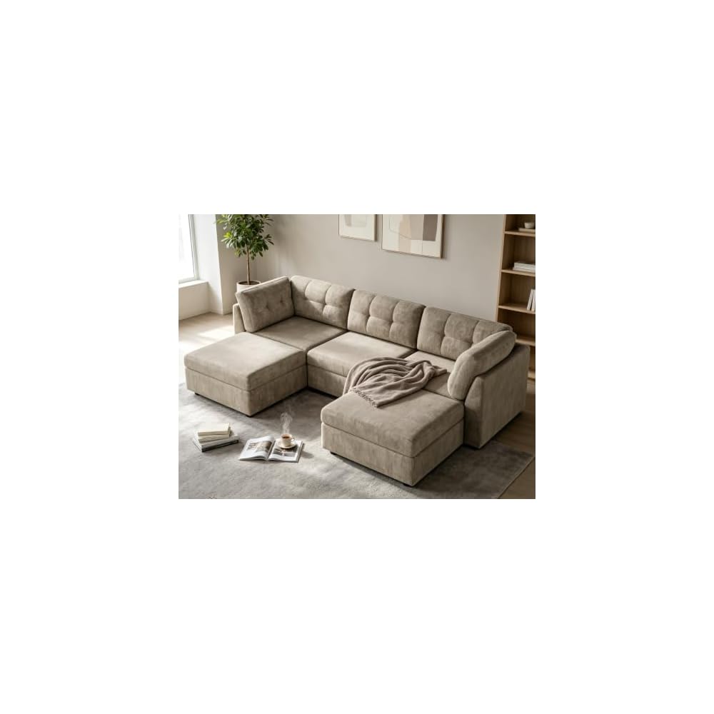 VANOMi Sectional U-Shaped Sofa for Living Room, Modualr Sofa Couch, Camel