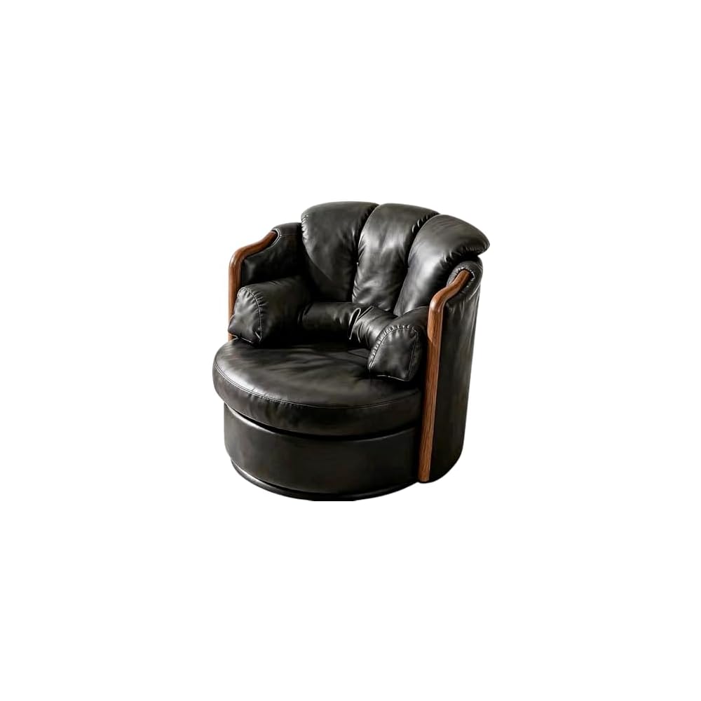 Modern Swivel Lounge Chair, Vintage Leather Accent Armchair with Wood Arms, Upholstered Round Barrel Chair for Living Room Office Reading Lounge (Red)