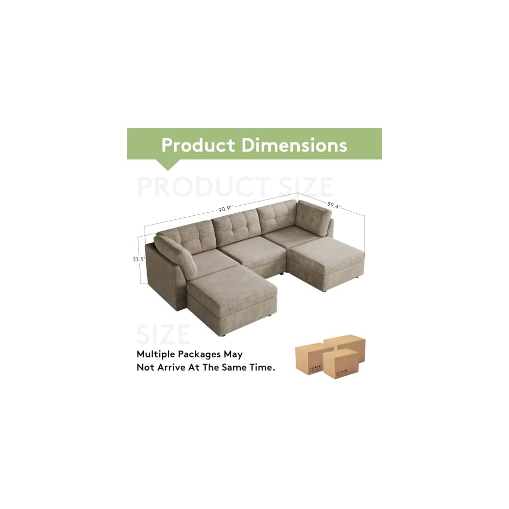 VANOMi Sectional U-Shaped Sofa for Living Room, Modualr Sofa Couch, Camel
