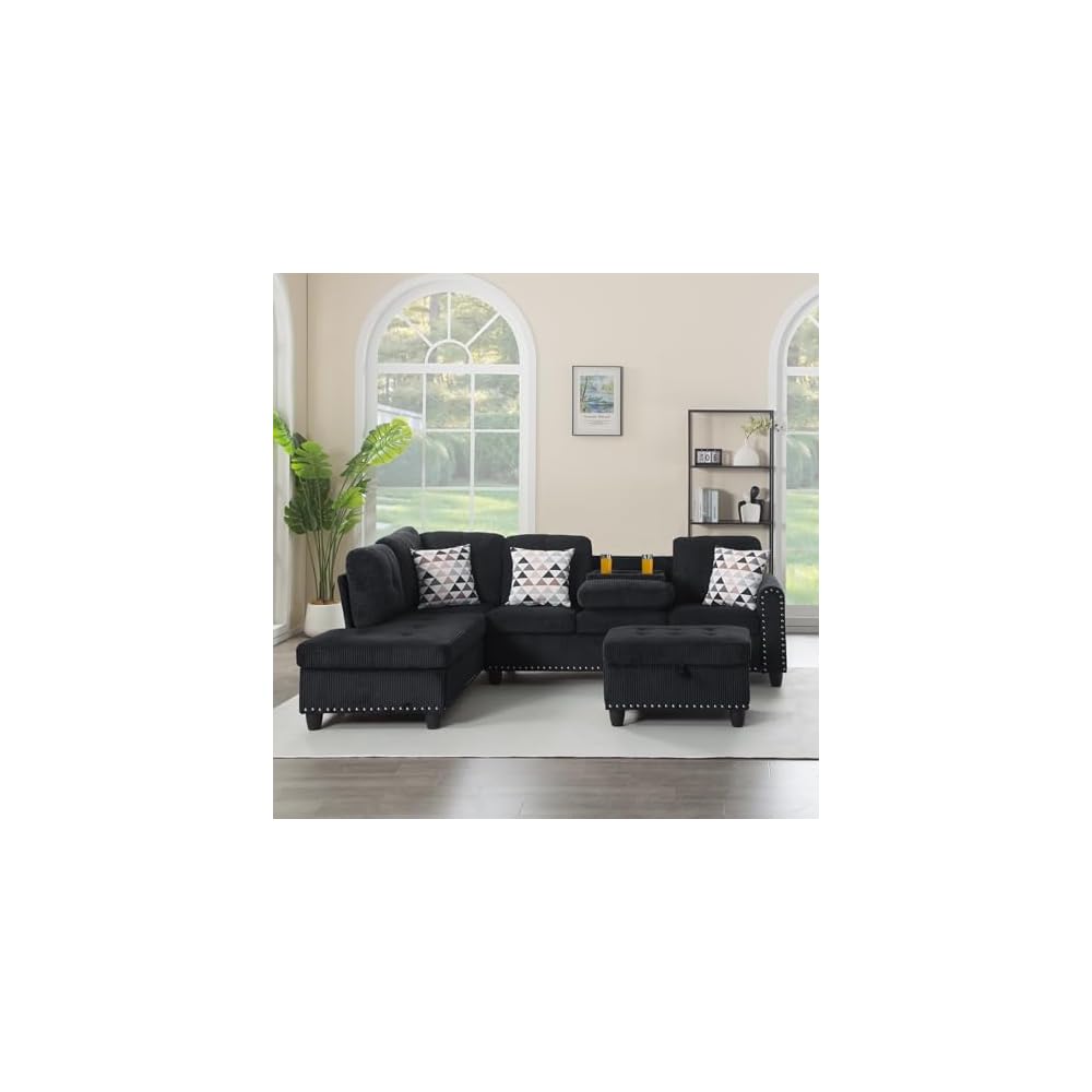 Livavege 94.5" Sectional Couches for Living Room, Modern L-Shaped Couch with Corduroy Fabric, 6 Seater Corner Modular Couch with Chaise, Storage Ottoman & 2 Cup Holders for Small Office (Black)