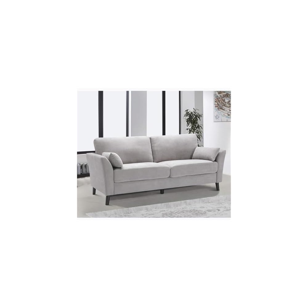 Pemberly Row 77" Sofa, Light Gray Velvet Upholstery, Pocket Coil Springs, Solid Wood Frame, Foam Padding, Dark Brown Legs, Includes 2 Accent Pillows, Transitional Style Living Room Seating, 34 x 77 x
