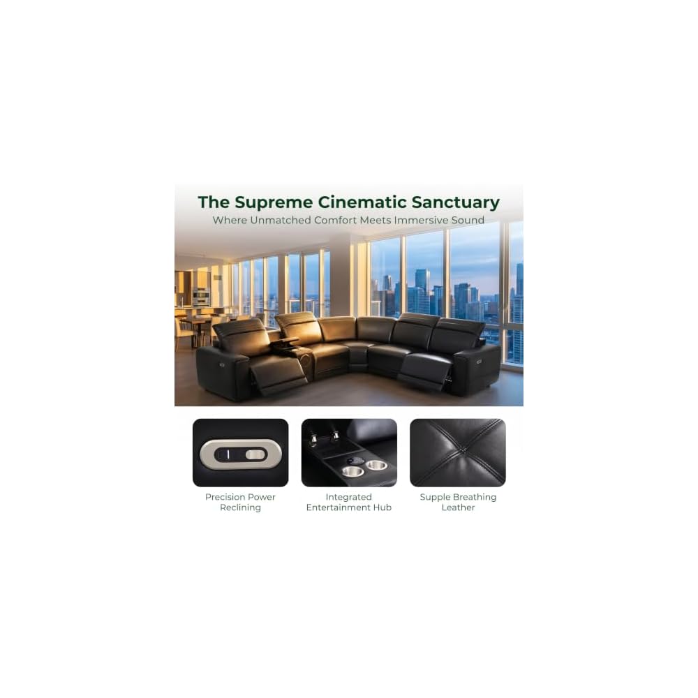 A Ainehome Power Recliner Sectional Couches for Living Room with Bass Speakers, Black Leather Sectional Reclining Corner Sofa Couch Set with Adjustable Headrest/USB Port/Cup Holder/Storage for offices