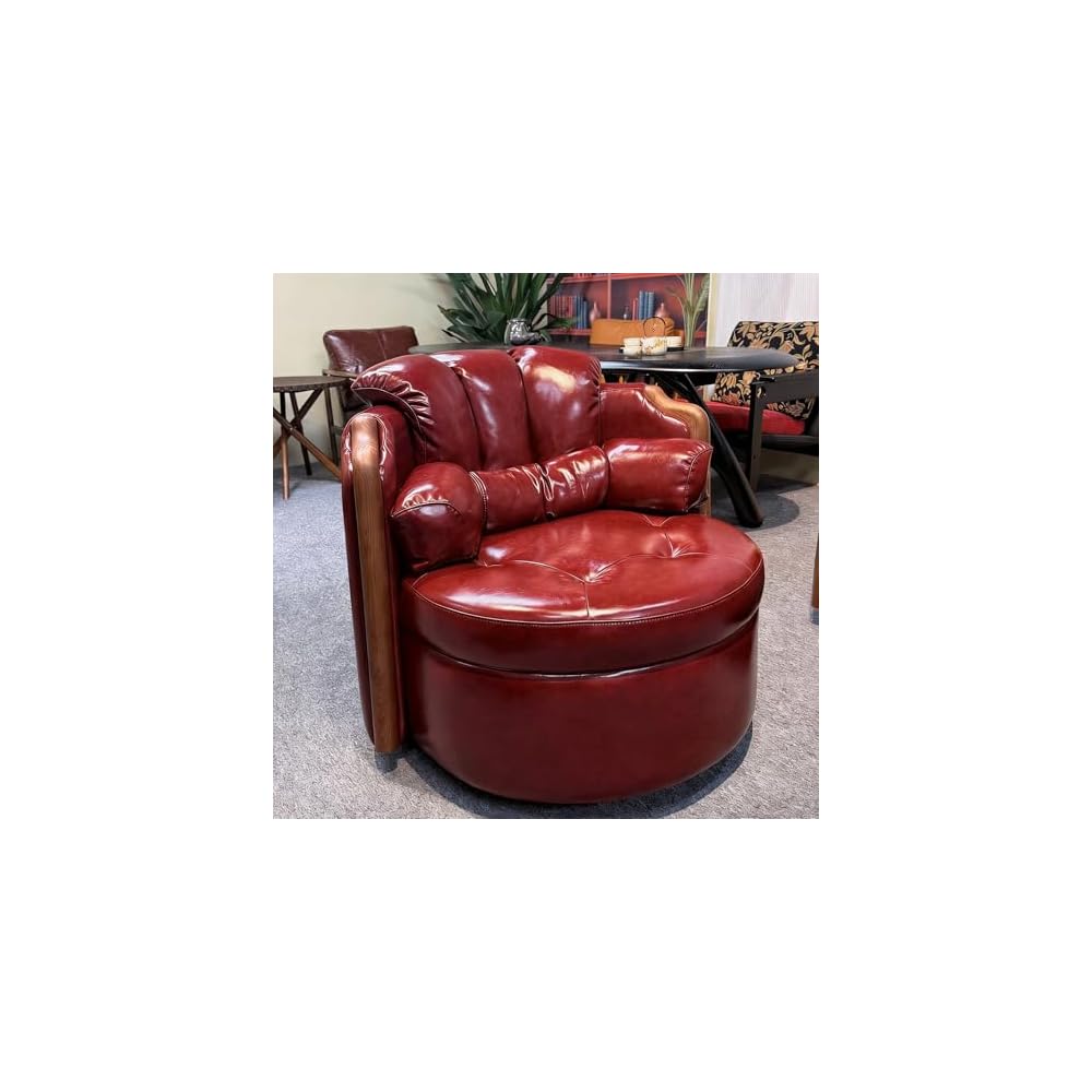 Modern Swivel Lounge Chair, Vintage Leather Accent Armchair with Wood Arms, Upholstered Round Barrel Chair for Living Room Office Reading Lounge (Red)