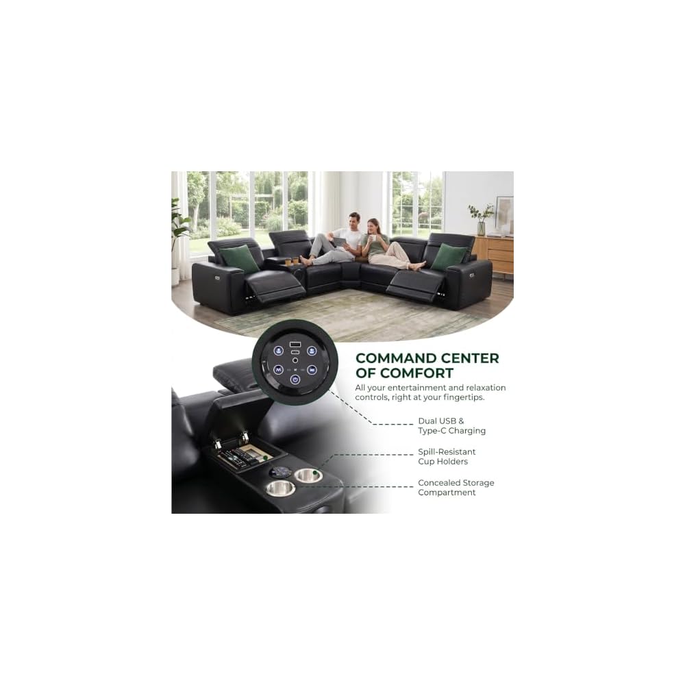 A Ainehome Power Recliner Sectional Couches for Living Room with Bass Speakers, Black Leather Sectional Reclining Corner Sofa Couch Set with Adjustable Headrest/USB Port/Cup Holder/Storage for offices