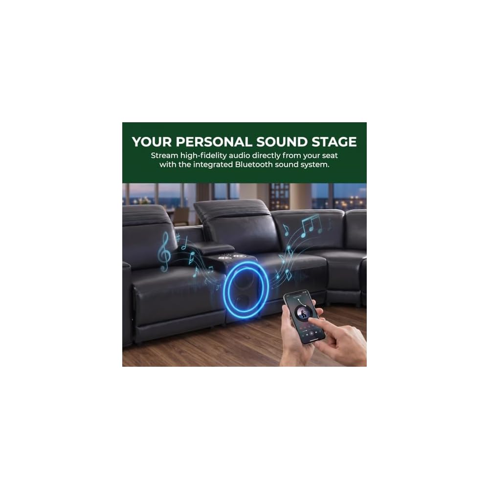A Ainehome Power Recliner Sectional Couches for Living Room with Bass Speakers, Black Leather Sectional Reclining Corner Sofa Couch Set with Adjustable Headrest/USB Port/Cup Holder/Storage for offices