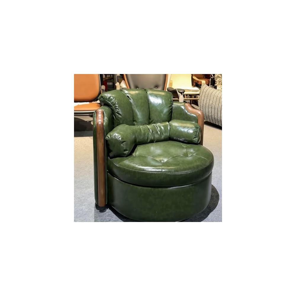 Modern Swivel Lounge Chair, Vintage Leather Accent Armchair with Wood Arms, Upholstered Round Barrel Chair for Living Room Office Reading Lounge (Red)