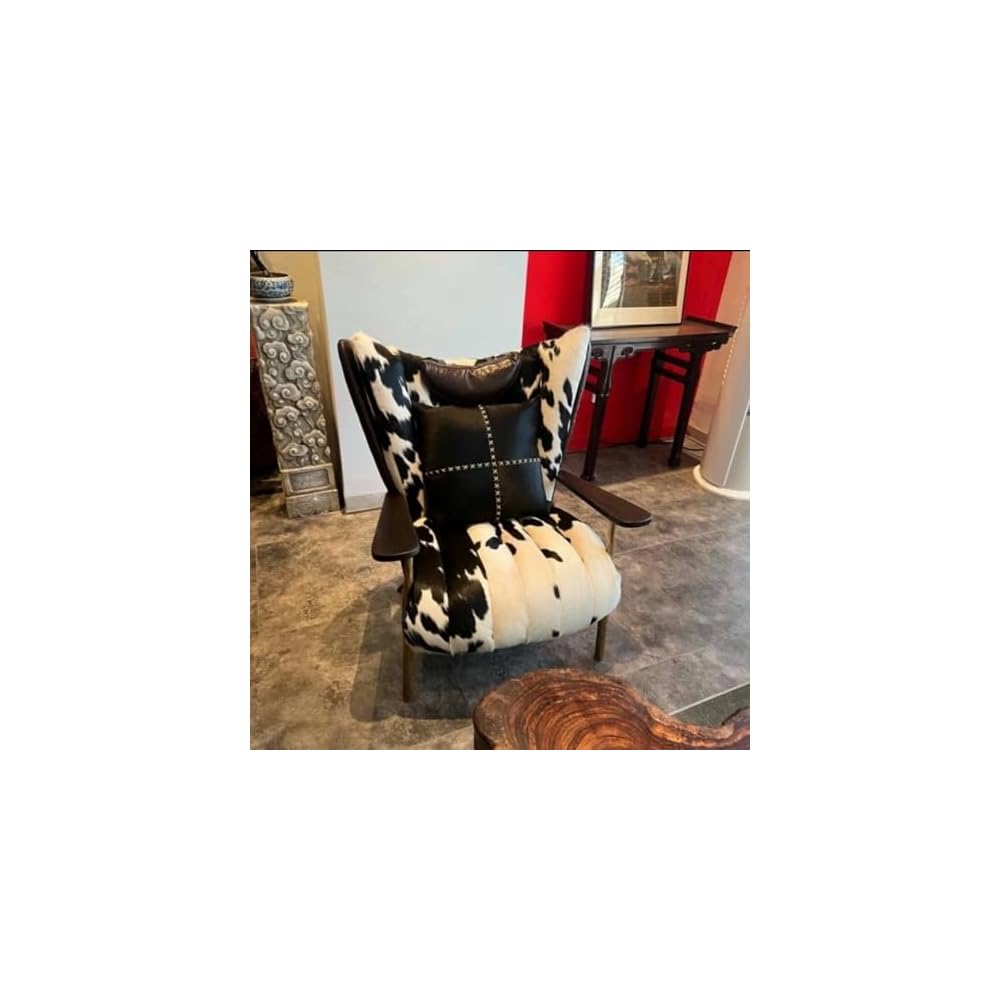 Luxury Cowhide Leather Accent Chair with Walnut Wood Armrests – Vintage Modern Lounge Chair for Living Room, Reading Nook, Office & Designer Interior Decor (Black)