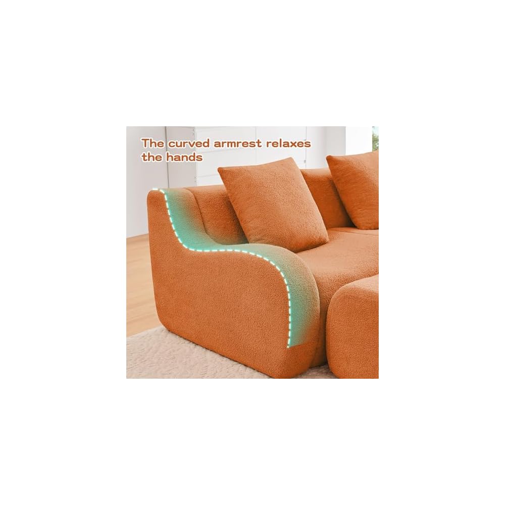 GDFStudio 115" Boneless Sofa, 3-Seat Teddy Fabric Modern Couch, 32D High-Density Sponge, Curved Armrests, Anti-Slip Design, No Assembly for Living Room, Bedroom, Orange