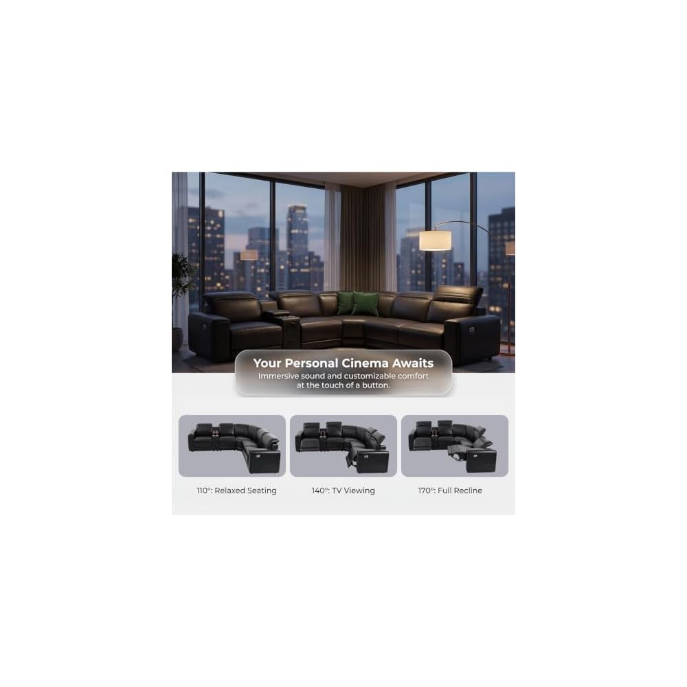 A Ainehome Power Recliner Sectional Couches for Living Room with Bass Speakers, Black Leather Sectional Reclining Corner Sofa Couch Set with Adjustable Headrest/USB Port/Cup Holder/Storage for offices