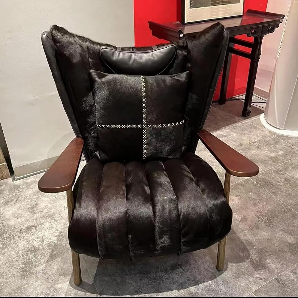 Luxury Cowhide Leather Accent Chair with Walnut Wood Armrests – Vintage Modern Lounge Chair for Living Room, Reading Nook, Office & Designer Interior Decor (Black)