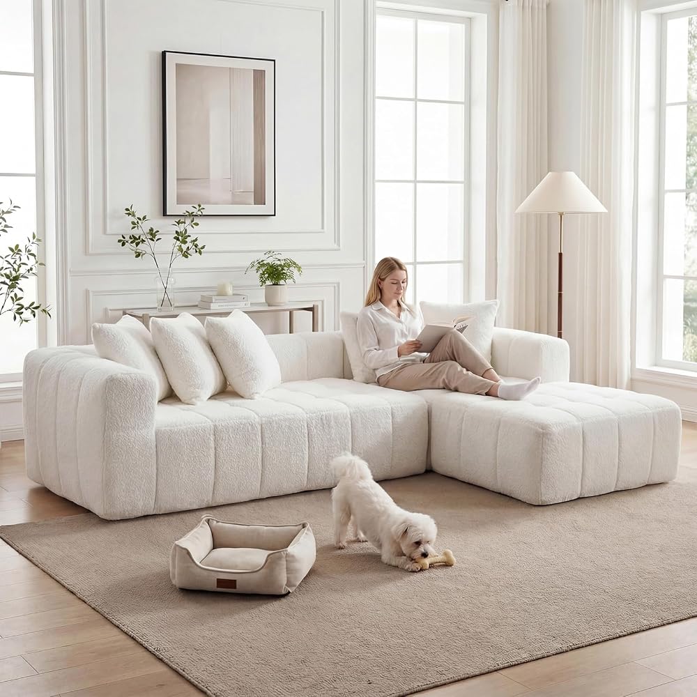 L-Shaped Sectional Cloud Sofa with Chaise Lounge,Convertible Boneless Floor Couch,Modern Comfy Upholstered Deep Seat Corner Sofa Bed Furniture for Living Room,No Assembly (White,Right-Facing Chaise)