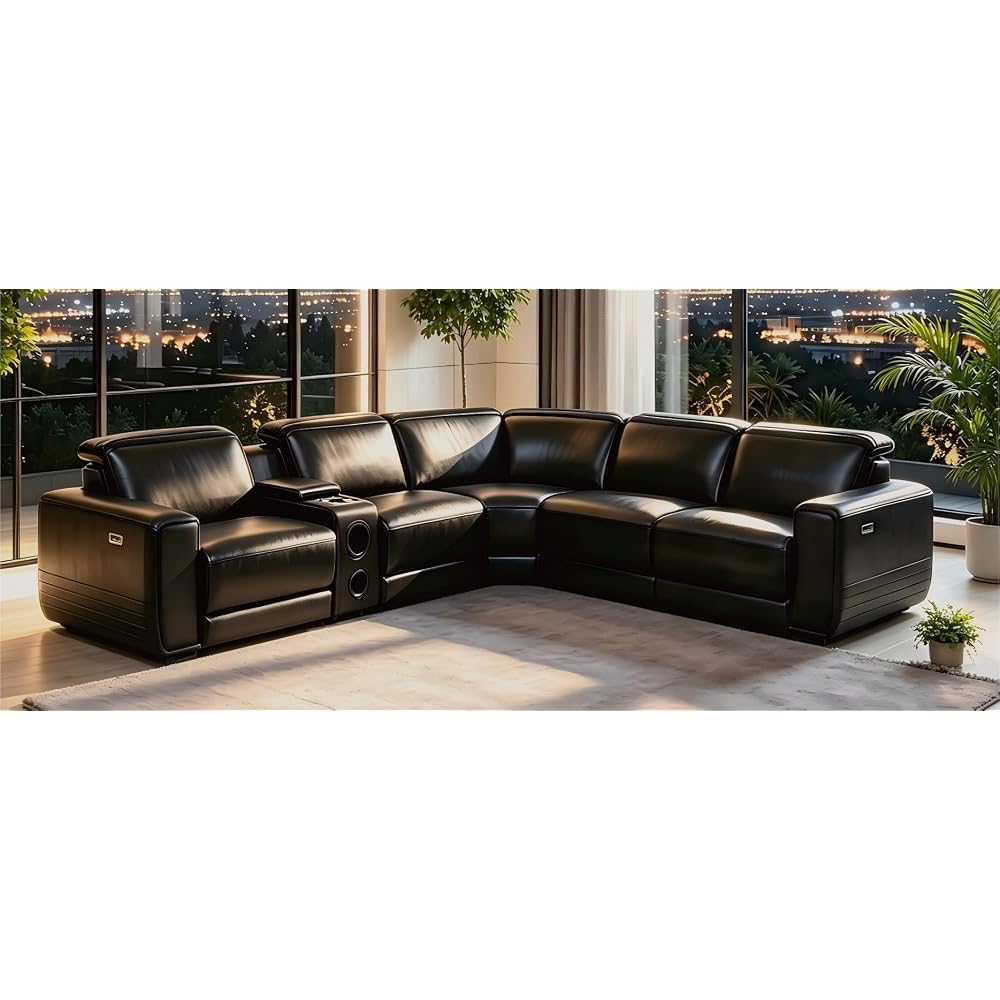 A Ainehome Power Recliner Sectional Couches for Living Room with Bass Speakers, Black Leather Sectional Reclining Corner Sofa Couch Set with Adjustable Headrest/USB Port/Cup Holder/Storage for offices