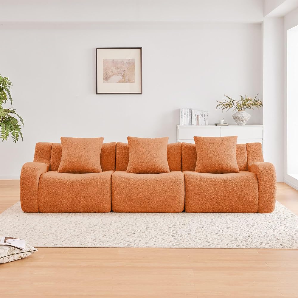 GDFStudio 115" Boneless Sofa, 3-Seat Teddy Fabric Modern Couch, 32D High-Density Sponge, Curved Armrests, Anti-Slip Design, No Assembly for Living Room, Bedroom, Orange