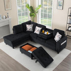 Livavege 94.5" Sectional Couches for Living Room, Modern L-Shaped Couch with Corduroy Fabric, 6 Seater Corner Modular Couch with Chaise, Storage Ottoman & 2 Cup Holders for Small Office (Black)