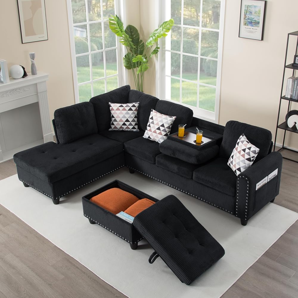 Livavege 94.5" Sectional Couches for Living Room, Modern L-Shaped Couch with Corduroy Fabric, 6 Seater Corner Modular Couch with Chaise, Storage Ottoman & 2 Cup Holders for Small Office (Black)