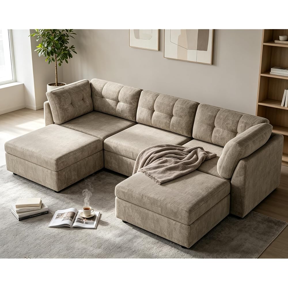 VANOMi Sectional U-Shaped Sofa for Living Room, Modualr Sofa Couch, Camel