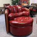 Modern Swivel Lounge Chair, Vintage Leather Accent Armchair with Wood Arms, Upholstered Round Barrel Chair for Living Room Office Reading Lounge (Red)