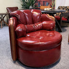 Modern Swivel Lounge Chair, Vintage Leather Accent Armchair with Wood Arms, Upholstered Round Barrel Chair for Living Room Office Reading Lounge (Red)